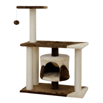 Katzenbaum mit zwei Kratzpfosten, einem gemütlichen Versteck und einer oberen Plattform, mit einem hängenden Spielzeug zum Spielen.