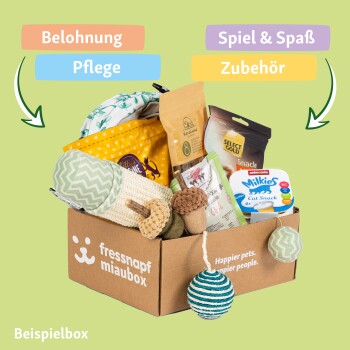 Ein Karton mit der Aufschrift "fressnapf miaubox", gefüllt mit Haustierspielzeug, Leckereien und Zubehör, mit Artikeln wie Katzensnacks und Kauspielzeug.