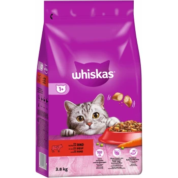 Whiskas Katzenfutterbeutel mit einer verspielten grauen Katze, lila Verpackung und Text, der den Rindgeschmack, 100% vollständige Ernährung, 3,8 kg hervorhebt.