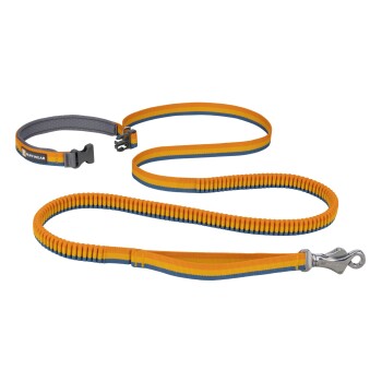 Eine lebendige orange und blaue Hundeleine mit einem gepolsterten Griff, mit einem Metallclip zur Befestigung, beschriftet mit 'RUFFWEAR.'