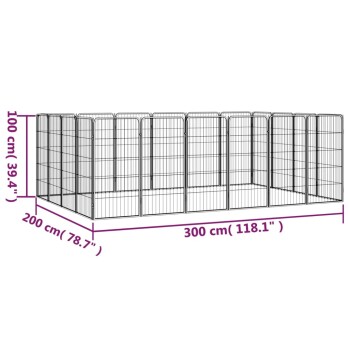 Ein großes, rechteckiges Haustier-Spielgehege aus Metalldraht, 100 cm hoch, 200 cm breit und 300 cm lang, mit beschrifteten Abmessungen.