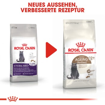 Zwei Royal Canin Katzenfutterbeutel: "Sterilised 12+" und "Senior AGEING Sterilised 12+", mit einem roten Pfeil, der ein Produktupdate zeigt.