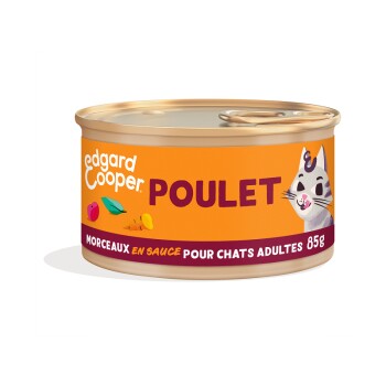 Boîte de nourriture pour chats Edgard Cooper au poulet, présentant une illustration de chat ludique, étiquetée "POULET" et "Morceaux en sauce pour chats adultes 85g."