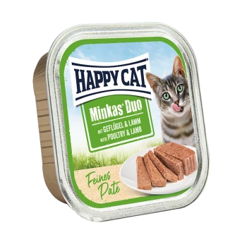 Happy Cat Minkas Duo Katzenfutterverpackung mit einer verspielten Katze, die sich die Lippen leckt, mit Text, der Geflügel- und Lammzutaten angibt.