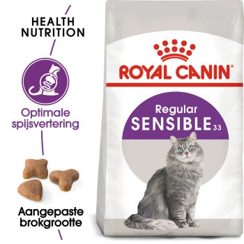 Sensible 33 10 kg Royal Canin Sensible kattenvoerzak met een grijze kat, met tekst die 'Health Nutrition' en 'Optimal digestion' benadrukt.