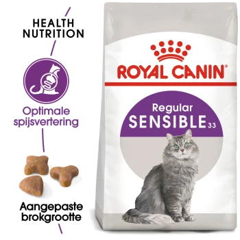 Royal Canin Sensible kattenvoerzak met een grijze kat, met tekst die 'Health Nutrition' en 'Optimal digestion' benadrukt.