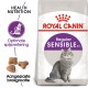 Royal Canin Sensible kattenvoerzak met een grijze kat, met tekst die 'Health Nutrition' en 'Optimal digestion' benadrukt.
