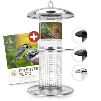 Vogelfutterspender mit einem Metalldesign, mit einem Etikett, das "Futterspender für Erdnüsse" liest, und einem Bild eines Rotkehlchens.