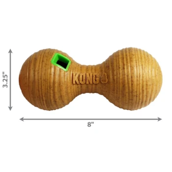 Bamboo Snack Bone KONG dog toy in a peanut butter color, shaped like a dumbbell, measuring 8 inches long and 3.25 inches tall, with a green opening.