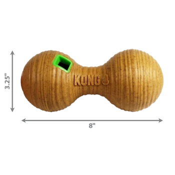Jouet pour chien KONG de couleur beurre de cacahuète, en forme d'haltère, mesurant 20 cm de long et 8,25 cm de haut, avec une ouverture verte.