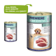 Blik hondenvoer "Premiere Meati Sensitive" met een hond, rauwe vleesschijven, en labels "Pure Duck" en "New DESIGN, same QUALITY."