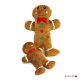Zwei plüschige Lebkuchenmann-Spielzeuge, eines groß und eines klein, mit lächelnden Gesichtern, roten Schleifen und bunten Knöpfen.