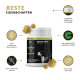 Detox-Mix-Pulver für Hunde in einem weißen Behälter, mit wichtigen Vorteilen wie 100% pflanzlichen Zutaten, einfacher Öffnung und Unterstützung des Immunsystems.