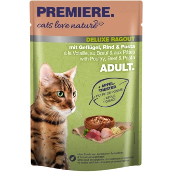 Katze-Futterbeutel mit einer getigerten Katze mit grünen Augen, beschriftet mit "Premiere. Katzen lieben die Natur" und "Deluxe Ragout mit Geflügel, Rind & Pasta."