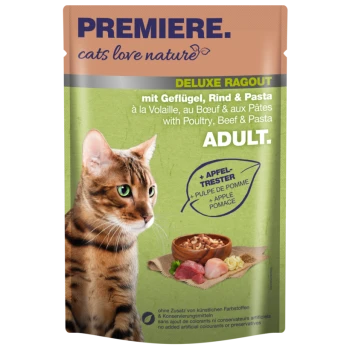 Torebka z jedzeniem dla kotów z tabby z zielonymi oczami, oznaczona "Premiere. koty kochają naturę" oraz "Deluxe Ragout z drobiem, wołowiną i makaronem."