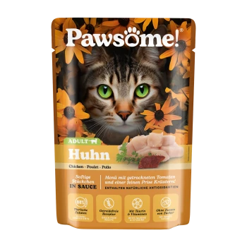Katzenfutterbeutel mit einer Nahaufnahme des Gesichts einer Katze und Blumen, beschriftet mit "Huhn", das Zutaten und Vorteile hervorhebt.