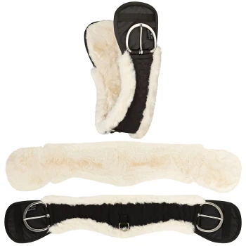 Schwarzer und weißer fleecegefütterter Pferdegurt mit Edelstahl-Schnallen, der ein weiches, gepolstertes Design für Komfort zeigt.