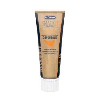 Dr. Clauder's Snack It Tube mit Lebercreme für Geflügel, mehrsprachig beschriftet, mit einem Hühnergrafik und Betonung auf frisches Fleisch.