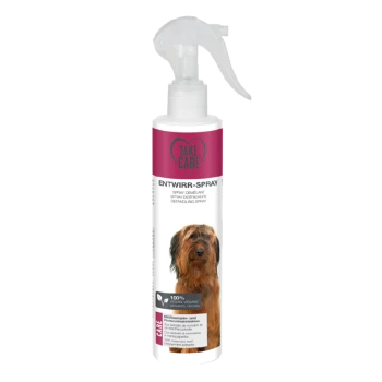 Ontklit spray voor honden in een sprayfles, gelabeld "ENTWIRR-SPRAY" met een afbeelding van een hond, 100% vegan ingrediënten.