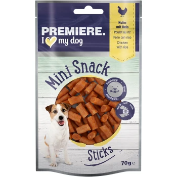 Mini Sticks Huhn und Reis 70 g Verpackung von Premiere I love my dog Mini Snack Sticks, mit weichen Hühner- und Reissnacks in einer kreisförmigen Anzeige, 70g.