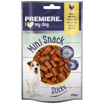Verpackung von Premiere I love my dog Mini Snack Sticks, mit weichen Hühner- und Reissnacks in einer kreisförmigen Anzeige, 70g.