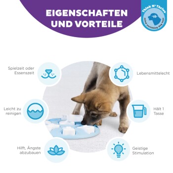 Ein Welpe auf einer blauen Fressmatte mit Symbolen für einfache Reinigung, Angstabbau, Lebensmittelsicherheit, 1 Tasse Kapazität und geistige Anregung.