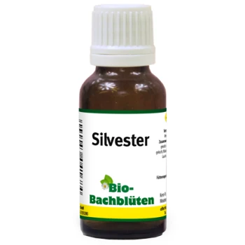 Flasche mit dem Bachblütenmittel "Silvester", beschriftet mit "Bio-Bachblüten", mit einem weißen Deckel und grünen sowie gelben Akzenten.