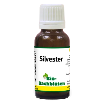 Flasche mit dem Bachblütenmittel "Silvester", beschriftet mit "Bio-Bachblüten", mit einem weißen Deckel und grünen sowie gelben Akzenten.