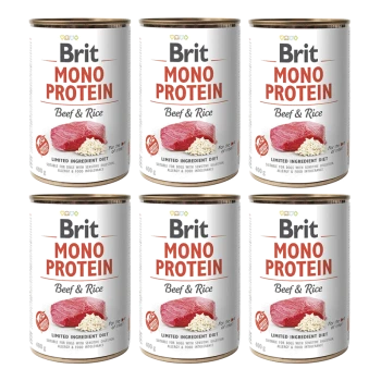 Sechs Dosen Brit Mono Protein Hundefutter, beschriftet mit "Rind & Reis," mit einer roten Fleischgrafik und dem Text "Begrenzte Zutaten Diät."