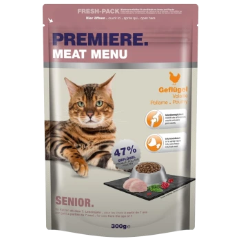 Katzenfutterverpackung mit einer Bengal-Katze, beschriftet mit "Premiere Meat Menu," mit 47% Geflügelanteil, geeignet für ältere Katzen.