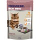 Cat food packaging featuring a Bengal cat, labeled "Premiere Meat Menu," with 47% poultry content, suitable for senior cats.