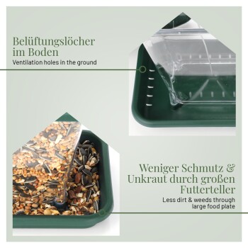 Bild eines grünen Haustierfuttertabletts mit Belüftungsöffnungen, das Vogelfutter zeigt und den Nutzen von reduziertem Schmutz und Unkraut hervorhebt.