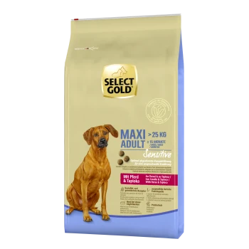 Sélectionnez le sac de nourriture pour chien Gold Maxi Adult, adapté aux chiens de plus de 25 kg, étiqueté "Sensible" avec des ingrédients de cheval et de tapioca.