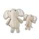 Zwei beige Cord-Elefanten-Plüschtiere (groß und klein) mit weißen Ohrenfuttern und einem kleinen Stoffetikett mit Text.