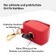 Roter Abfallbeutelspender für Haustiere mit goldenen Karabiner; verfügt über eine leicht zugängliche Öffnung und deutschen Text zur Praktikabilität.