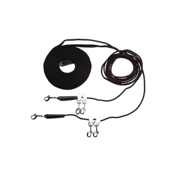 Zwei schwarze Haustierleinen, aufgerollt und ausgelegt, mit Metallclips an beiden Enden zur Befestigung.