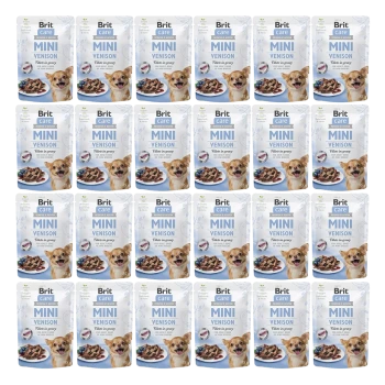 Eine Anzeige mehrerer Beutel Brit Care Mini Wildschwein Hundefutter, mit einem lächelnden Hund auf der Verpackung und dem Text "Flocken in Soße."