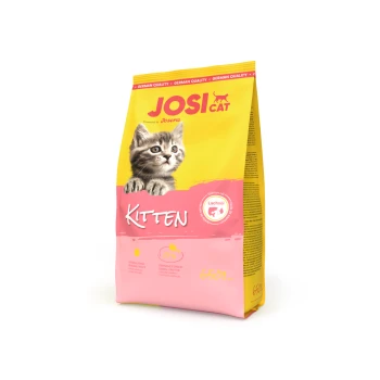 JosiCat Kittenfutterbeutel mit Bild eines grauen getigerten Kätzchens, beschriftet mit 650g, 84% tierischem Protein und Lachsöl, deutsche Qualität.