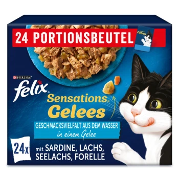 Sensations Gelees 24x85g Geschmacksvielfalt aus dem Wasser Packung mit 24 Felix Sensations Katzenfutterbeuteln mit einer schwarz-weißen Katze, mit den Geschmacksrichtungen: Sardine, Lachs, Pollack, Forelle.