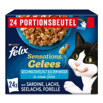 Packung mit 24 Felix Sensations Katzenfutterbeuteln mit einer schwarz-weißen Katze, mit den Geschmacksrichtungen: Sardine, Lachs, Pollack, Forelle.