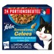 Packung mit 24 Felix Sensations Katzenfutterbeuteln mit einer schwarz-weißen Katze, mit den Geschmacksrichtungen: Sardine, Lachs, Pollack, Forelle.