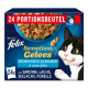 Packung mit 24 Felix Sensations Katzenfutterbeuteln mit einer schwarz-weißen Katze, mit den Geschmacksrichtungen: Sardine, Lachs, Pollack, Forelle.