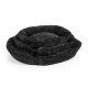 Schwarzes plüschiges Haustierbett mit kreisförmigem Design, ausgestattet mit einer weichen, gerippten Textur und drei gestapelten Schichten für Komfort.