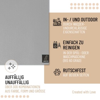 Graue strukturierte Haustiermatte mit Sanozoo-Label, wasserdicht, leicht zu reinigen und beidseitig rutschfest, geeignet für den Innen- und Außenbereich.