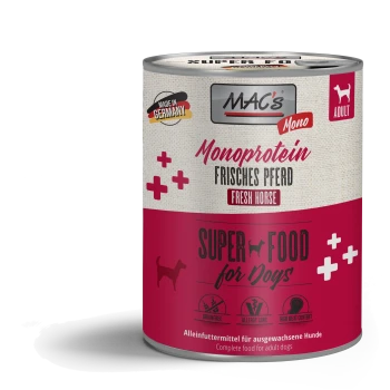 Dosenfutter für Hunde "MAC's Mono Monoprotein Frisches Pferd" in rosa/beige, getreidefrei, Allergiepflege, hoher Fleischanteil.