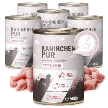Dosen von REAVET Kaninchen Pur hypoallergenem Hundefutter mit Kaninchenfleisch, 400g, zucker- und getreidefrei, Single-Protein.