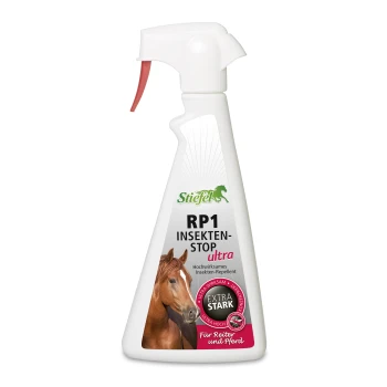 Stiefel RP1 Insekten-Stop ultra Insektenschutzsprayflasche, mit einem Pferdebild und Text, der "EXTRA STARK" und "Für Reiter und Pferd" hervorhebt.