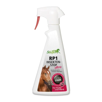 Stiefel RP1 Insekten-Stop ultra Insektenschutzsprayflasche, mit einem Pferdebild und Text, der "EXTRA STARK" und "Für Reiter und Pferd" hervorhebt.