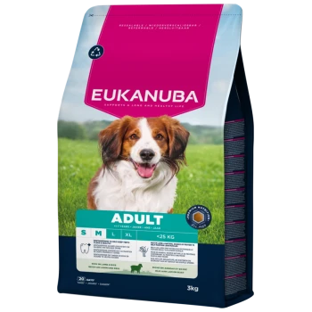 Sac de nourriture Eukanuba Adult avec image de chien, haut rose, étiquette verte « ADULT », logo « EUKANUBA » et mention 3 kg visible.