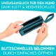 Eine Person hält eine türkisfarbene Hundeleckerlitasche mit Klettverschluss und Reißverschluss, mit den Aufschriften "UNZUGÄNGLICH FÜR DEN HUND" und "BLITZSCHNELLES BELOHNEN".